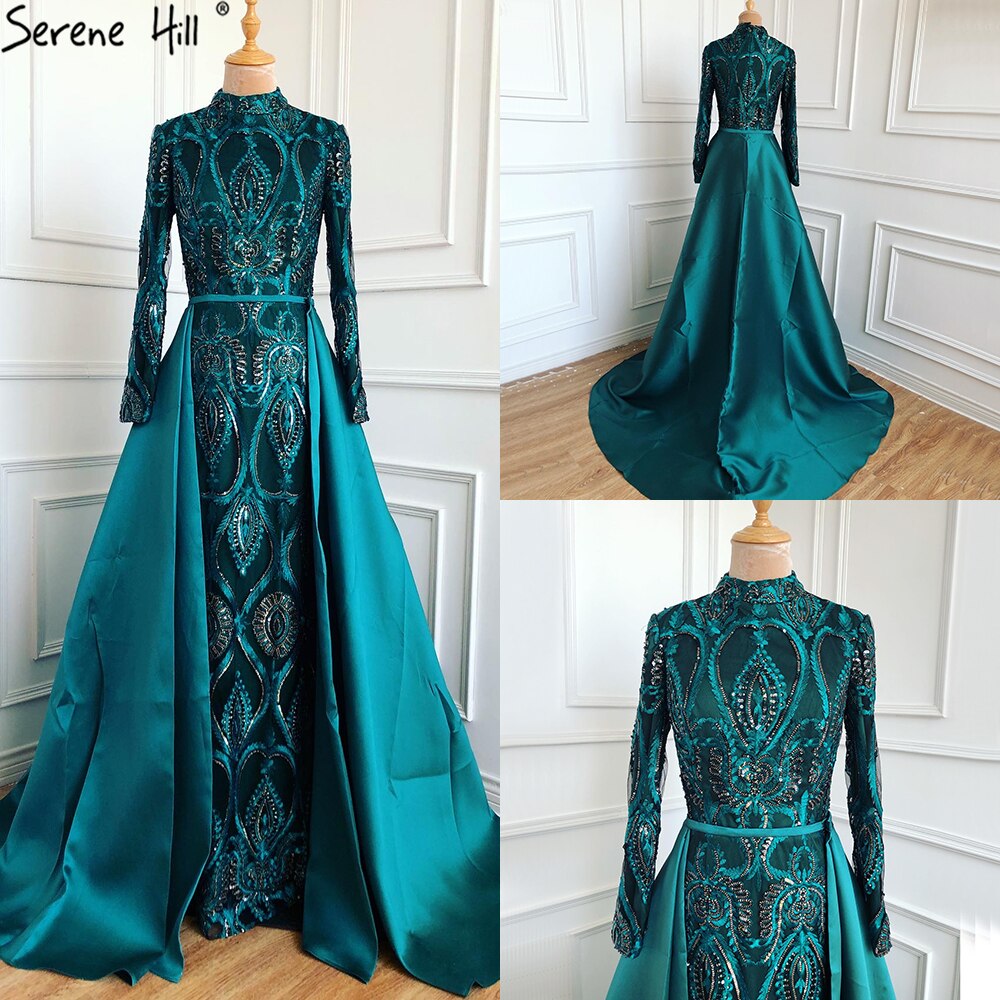 Vestidos de noche musulmanes verdes 2025, vestidos de fiesta de sirena de manga larga para mujer, vestido de lentejuelas, talla grande LA70758 