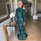 Vestidos de noche musulmanes verdes 2025, vestidos de fiesta de sirena de manga larga para mujer, vestido de lentejuelas, talla grande LA70758 
