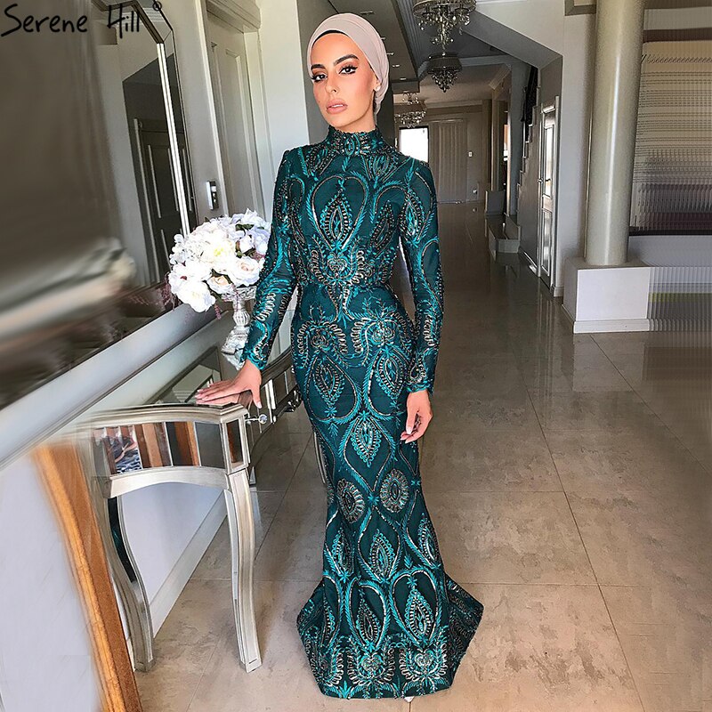 Vestidos de noche musulmanes verdes 2025, vestidos de fiesta de sirena de manga larga para mujer, vestido de lentejuelas, talla grande LA70758 