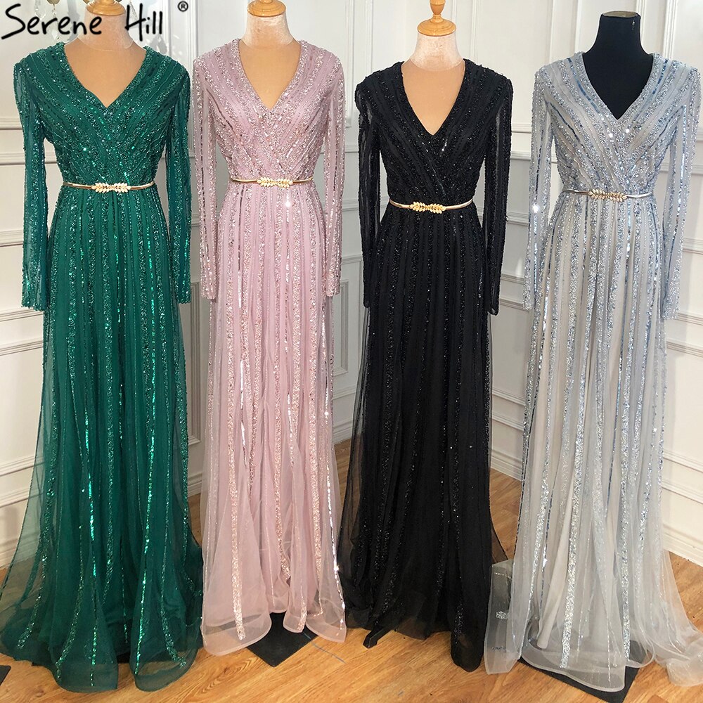 Muslimischen Grün Luxus Elegante Abendkleider Kleider 2025 Langen Ärmeln Perlen Für Frauen Party LA70790 