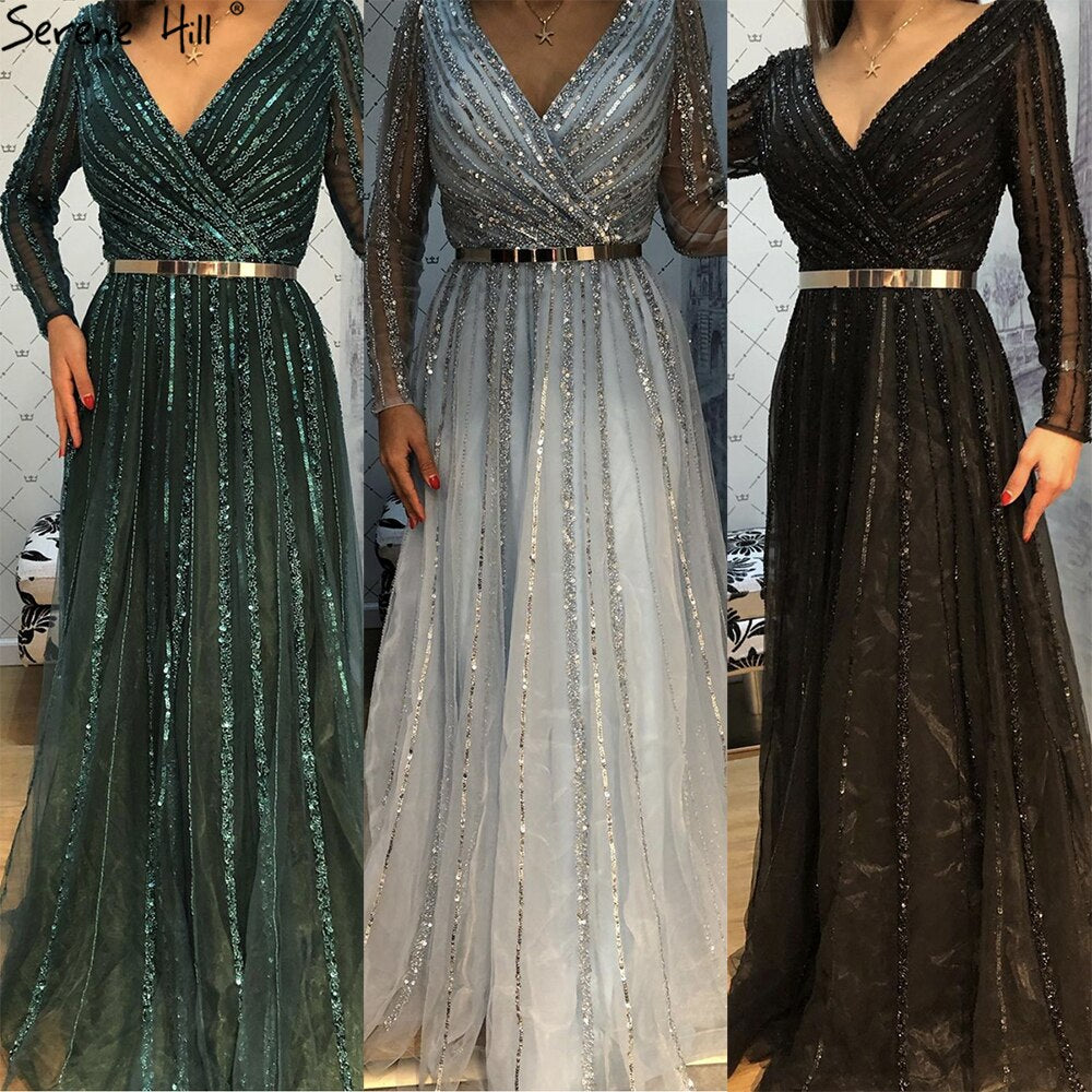 Muslimischen Grün Luxus Elegante Abendkleider Kleider 2025 Langen Ärmeln Perlen Für Frauen Party LA70790 