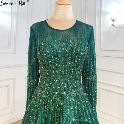 Muslim Green Luxury Evening Dresses Gowns 2025 A-Line Beading Long Sleeves For Women Party LA70927