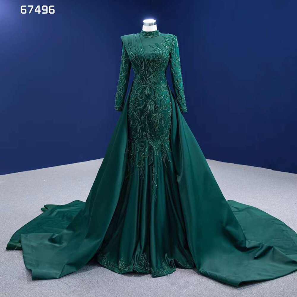 Vestido de novia musulmán de sirena verde con falda desmontable y encaje con cuentas, 2025, alta gama, hecho a medida, HM67496 