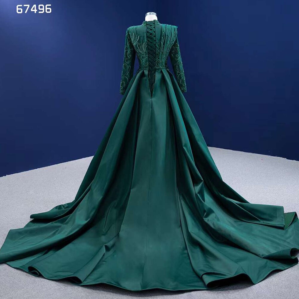 Vestido de novia musulmán de sirena verde con falda desmontable y encaje con cuentas, 2025, alta gama, hecho a medida, HM67496 