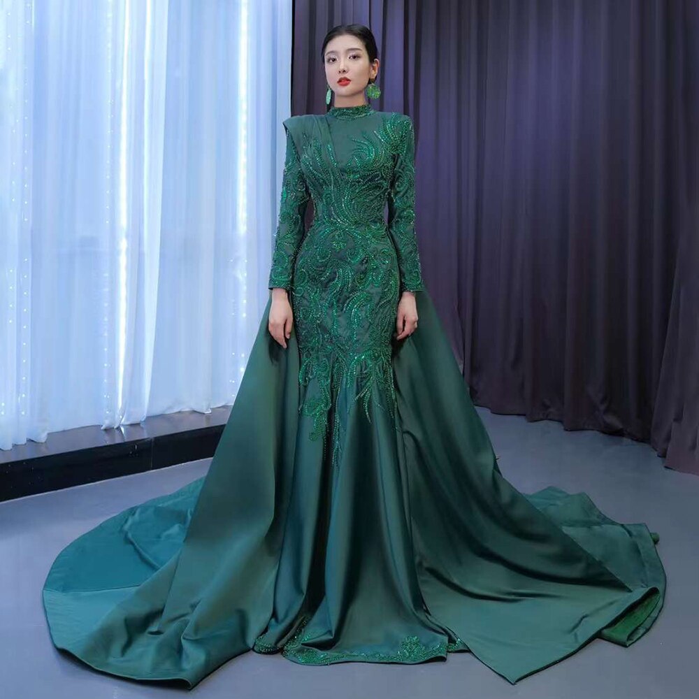 Vestido de novia musulmán de sirena verde con falda desmontable y encaje con cuentas, 2025, alta gama, hecho a medida, HM67496 