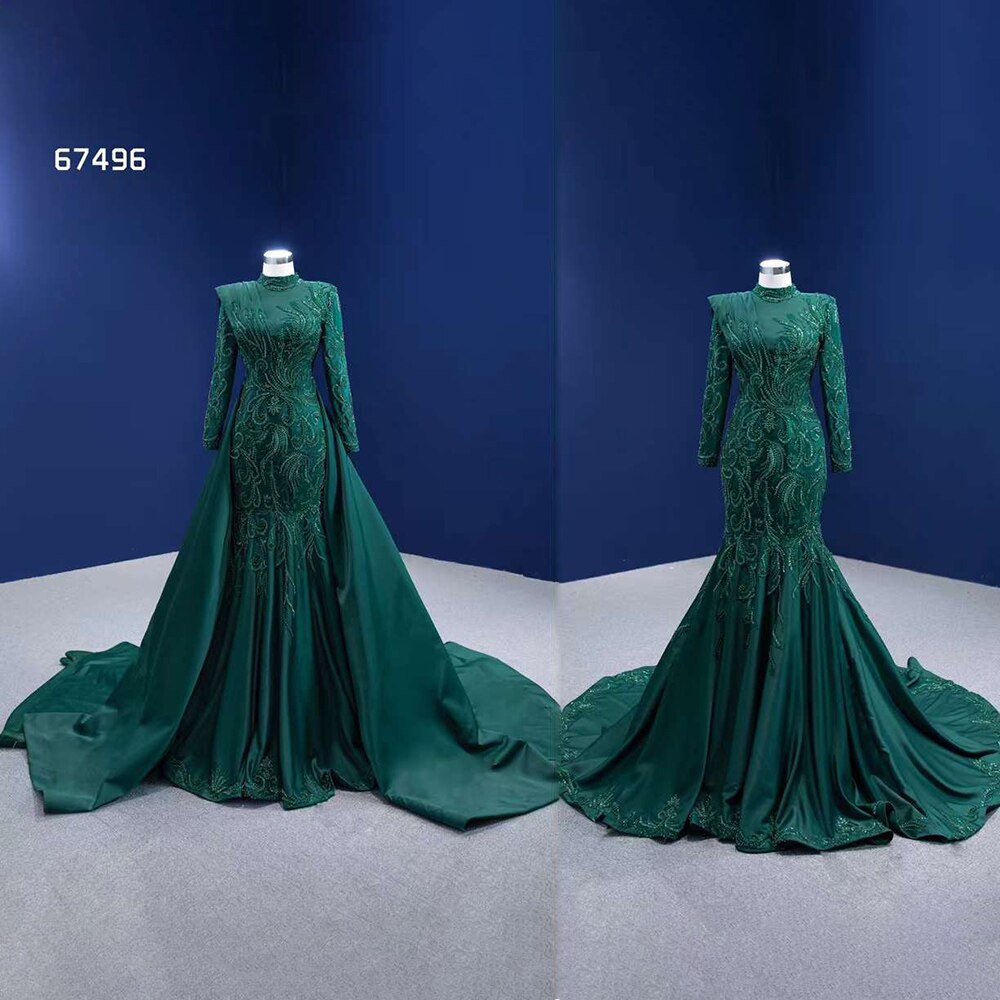Vestido de novia musulmán de sirena verde con falda desmontable y encaje con cuentas, 2025, alta gama, hecho a medida, HM67496 