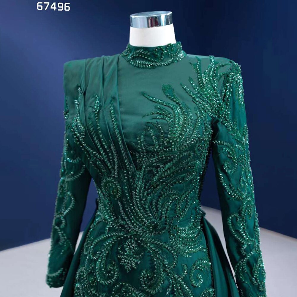 Vestido de novia musulmán de sirena verde con falda desmontable y encaje con cuentas, 2025, alta gama, hecho a medida, HM67496 