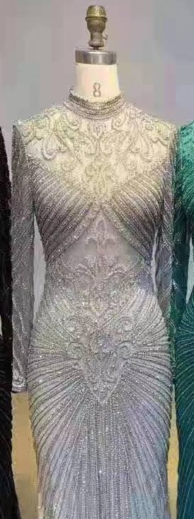 Muslimische grüne Meerjungfrau, elegantes High-Neck-Luxus-Abendkleid mit Perlen, Kleider 2025. Jetzt neu: LA71776 