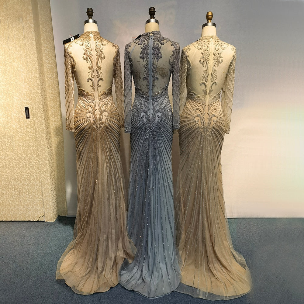 Muslimische grüne Meerjungfrau, elegantes High-Neck-Luxus-Abendkleid mit Perlen, Kleider 2025. Jetzt neu: LA71776 