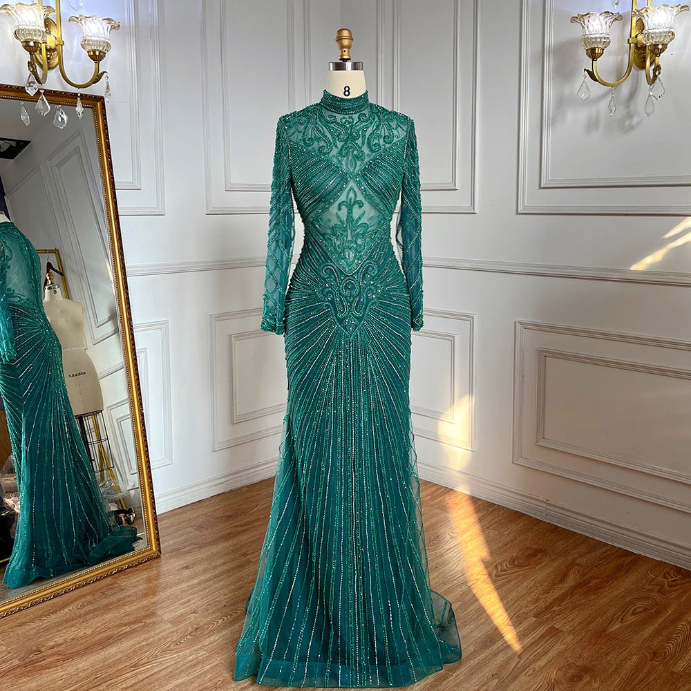 Vestido de noche musulmán verde sirena, elegante, de cuello alto, de lujo, con cuentas, para mujer, fiesta, LA71776 