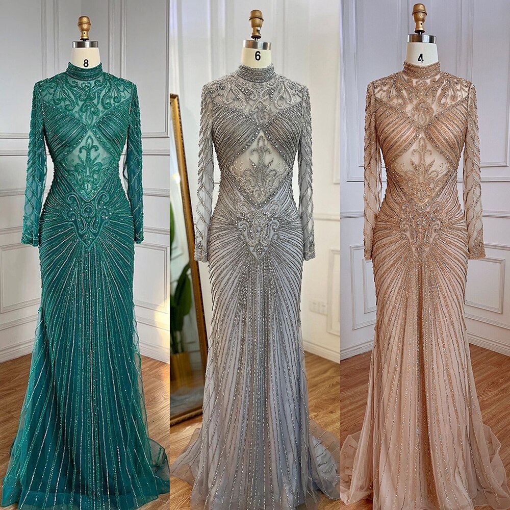 Vestido de noche musulmán verde sirena, elegante, de cuello alto, de lujo, con cuentas, para mujer, fiesta, LA71776 