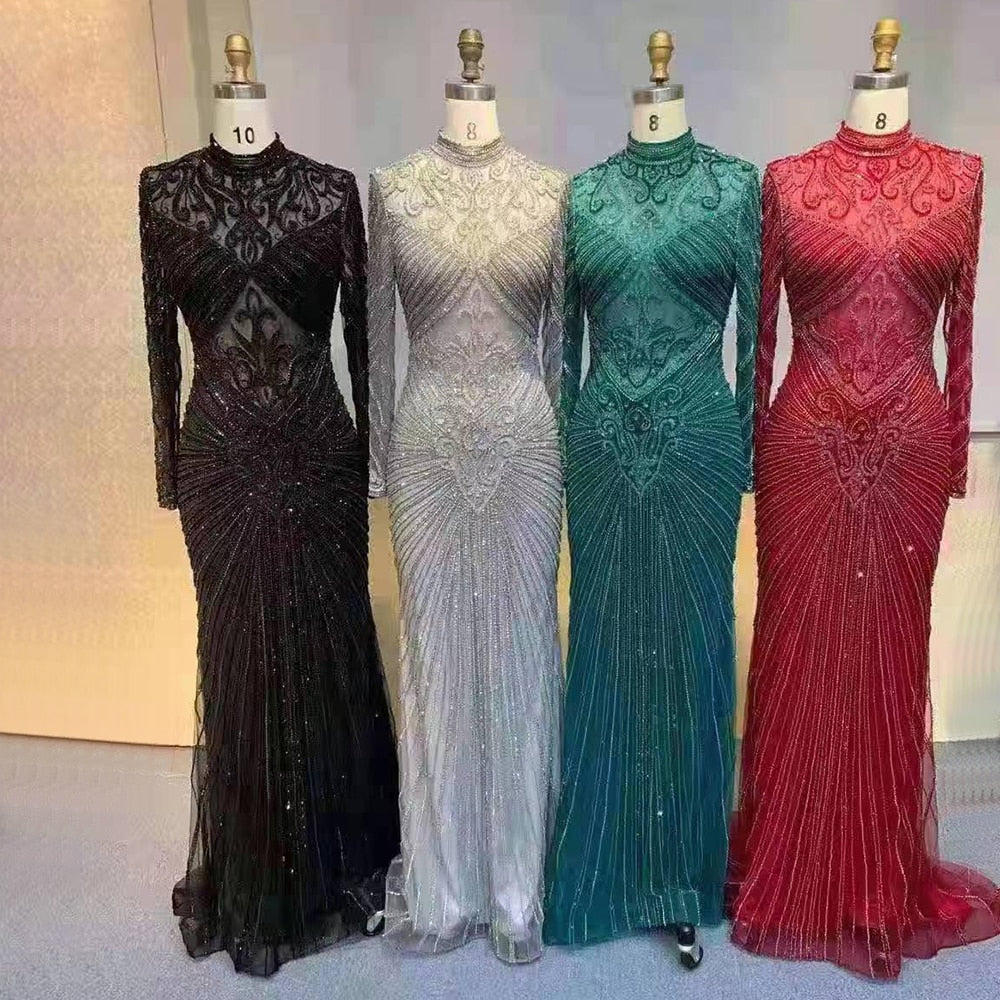 Vestido de noche musulmán verde sirena, elegante, de cuello alto, de lujo, con cuentas, para mujer, fiesta, LA71776 