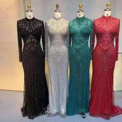 Muslim Green Mermaid Elegant High Neck Luxury Beaded Evening Dresses Gowns 2025 For Women Party LA71776