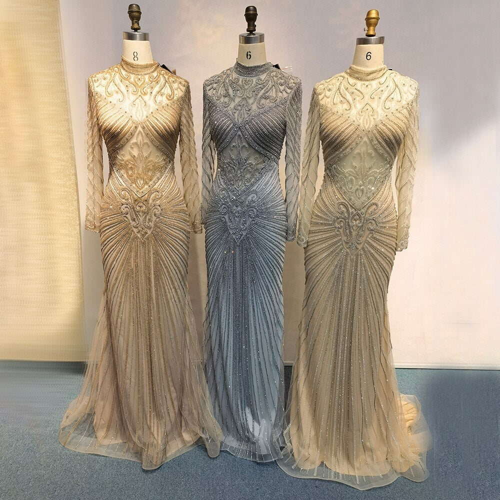 Vestido de noche musulmán verde sirena, elegante, de cuello alto, de lujo, con cuentas, para mujer, fiesta, LA71776 