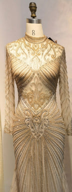 Vestido de noche musulmán verde sirena, elegante, de cuello alto, de lujo, con cuentas, para mujer, fiesta, LA71776 