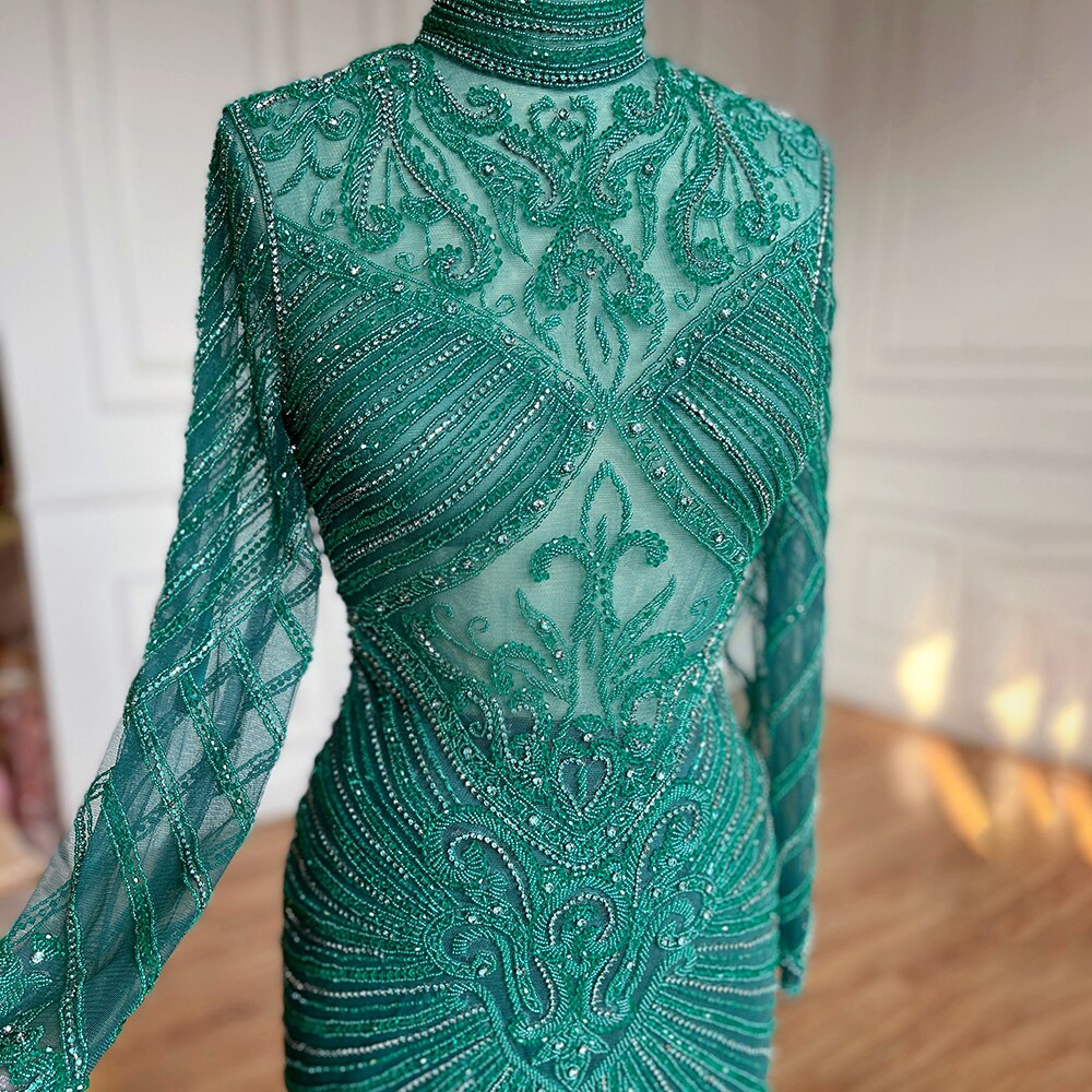 Vestido de noche musulmán verde sirena, elegante, de cuello alto, de lujo, con cuentas, para mujer, fiesta, LA71776 
