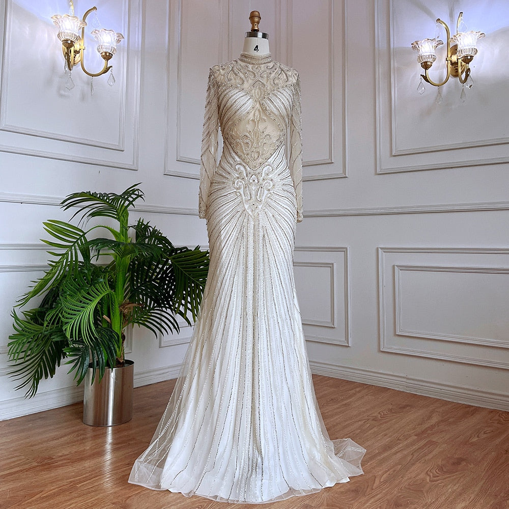 Vestido de noche musulmán verde sirena, elegante, de cuello alto, de lujo, con cuentas, para mujer, fiesta, LA71776 