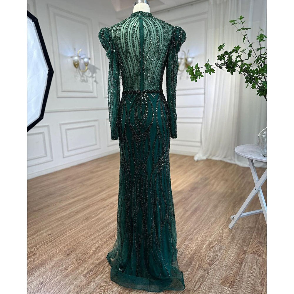 Muslimischen Grüne Meerjungfrau Elegante Luxus Perlen Arabisch Lange Abendkleider Kleider Für Frauen Hochzeit Party 2025 LA72134 