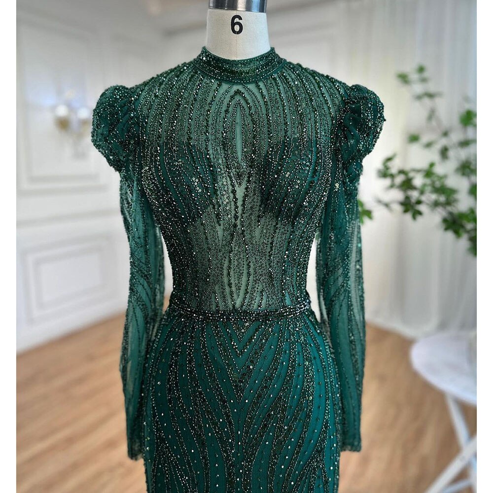 Muslimischen Grüne Meerjungfrau Elegante Luxus Perlen Arabisch Lange Abendkleider Kleider Für Frauen Hochzeit Party 2025 LA72134 