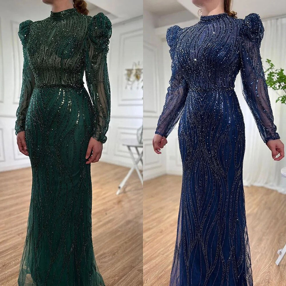 Muslimischen Grüne Meerjungfrau Elegante Luxus Perlen Arabisch Lange Abendkleider Kleider Für Frauen Hochzeit Party 2025 LA72134 