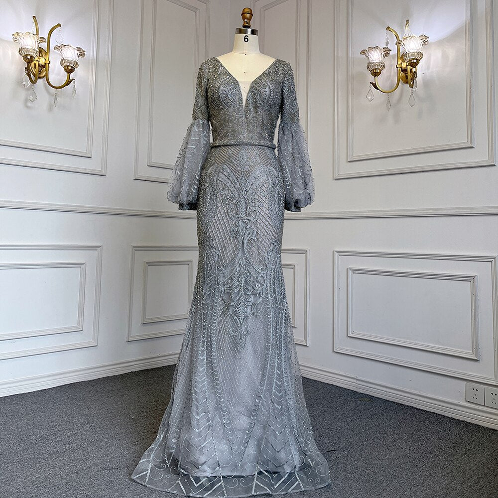Muslimischen Grün Meerjungfrau Elegante Puffärmeln V-ausschnitt Abendkleider Kleider Luxus Perlen 2025 Für Frauen Party LA71744 