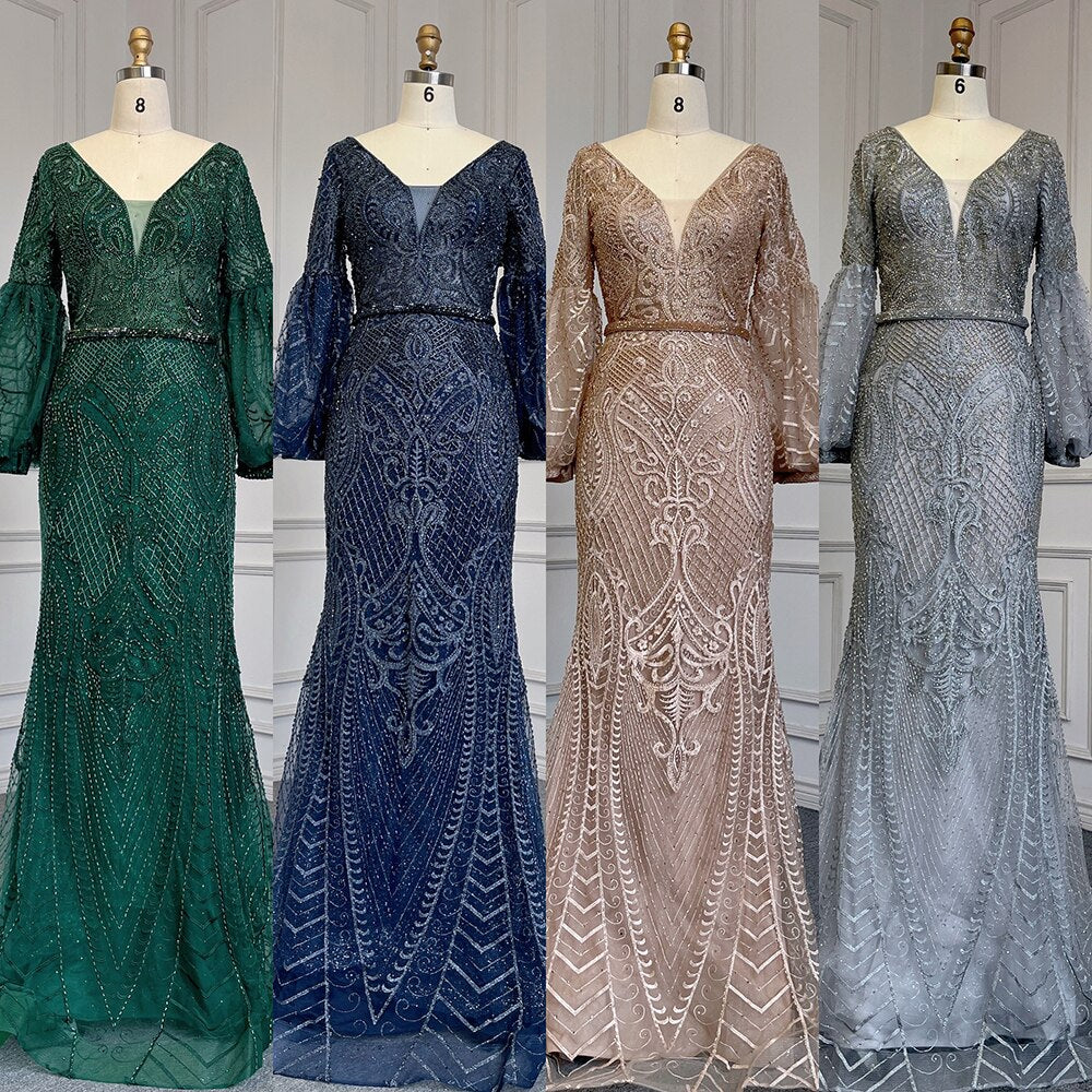 Muslimischen Grün Meerjungfrau Elegante Puffärmeln V-ausschnitt Abendkleider Kleider Luxus Perlen 2025 Für Frauen Party LA71744 
