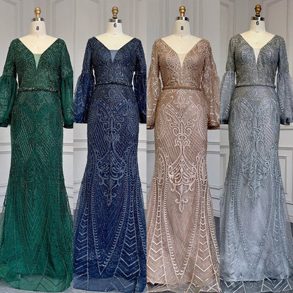 Muslim Green Mermaid Elegant Puff Sleeves V-Neck Evening Dresses Gowns Luxury Beaded 2025 For Women Party LA71744