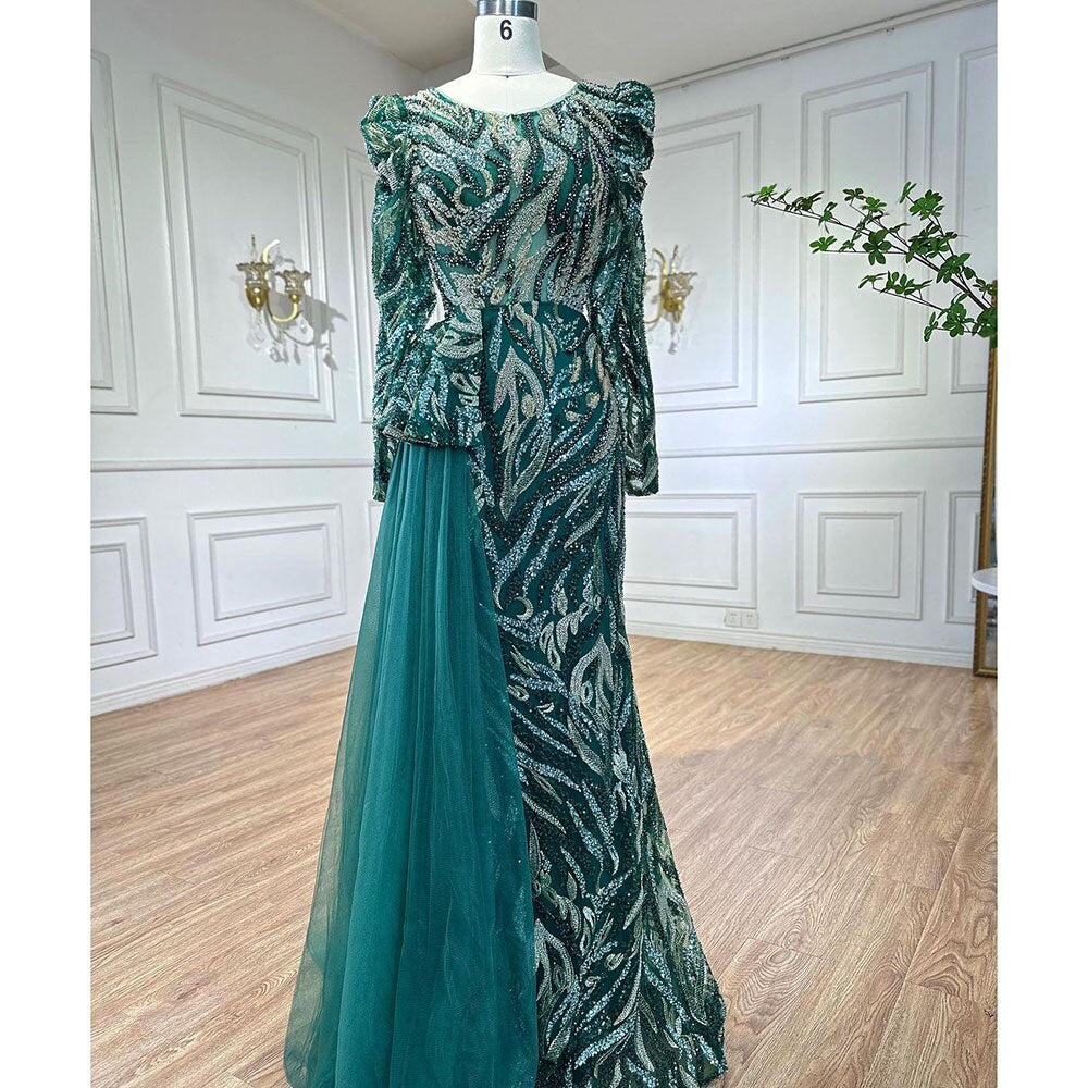 Elegante vestido de noche musulmán de sirena verde con encaje sexy y cuentas, de lujo, para mujer, para fiesta 2025 LA72123 