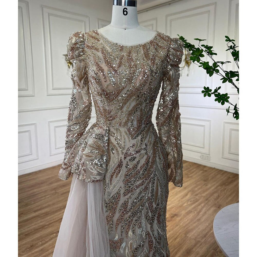 Elegante vestido de noche musulmán de sirena verde con encaje sexy y cuentas, de lujo, para mujer, para fiesta 2025 LA72123 