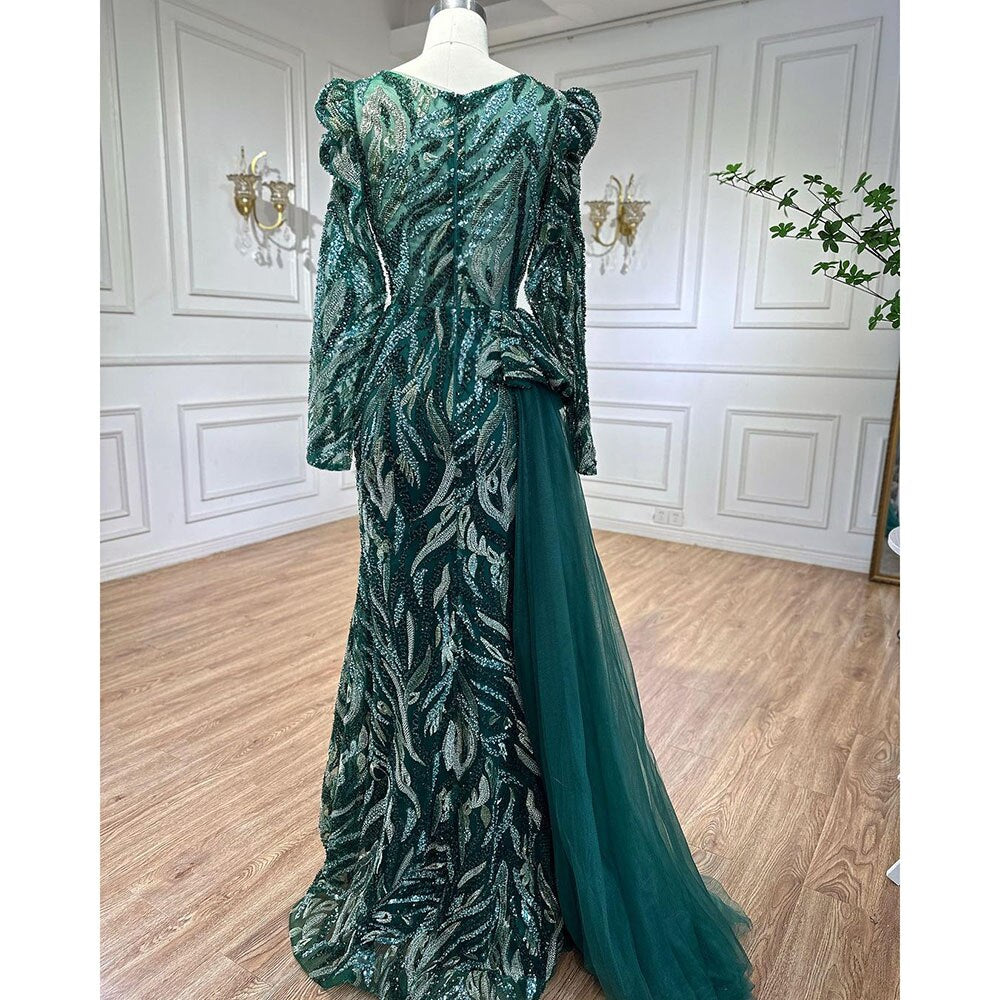 Elegante vestido de noche musulmán de sirena verde con encaje sexy y cuentas, de lujo, para mujer, para fiesta 2025 LA72123 
