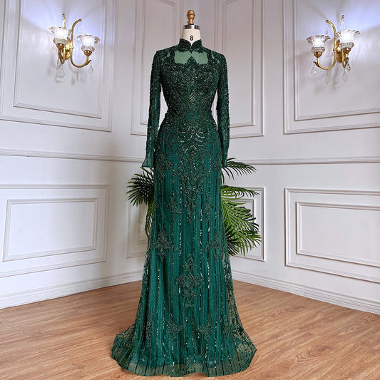 Muslim Green Mermaid Lace Beaded Crystal Luxury Dubai Evening Dresses Gowns For Women Wedding Party 2025 LA71983