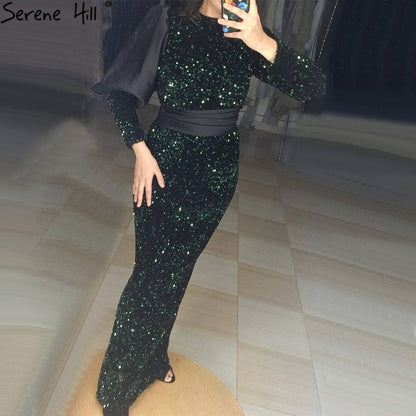 Muslim Green Mermaid With Train Sparkle Elegant Luxury Long Sleeves For Women Party 2025 LA71019