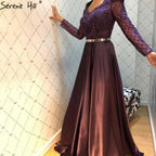 Muslimischen Grün Satin Abendkleider Kleider 2025 Perlen A-linie Für Frauen Hochzeit Party LA71252 