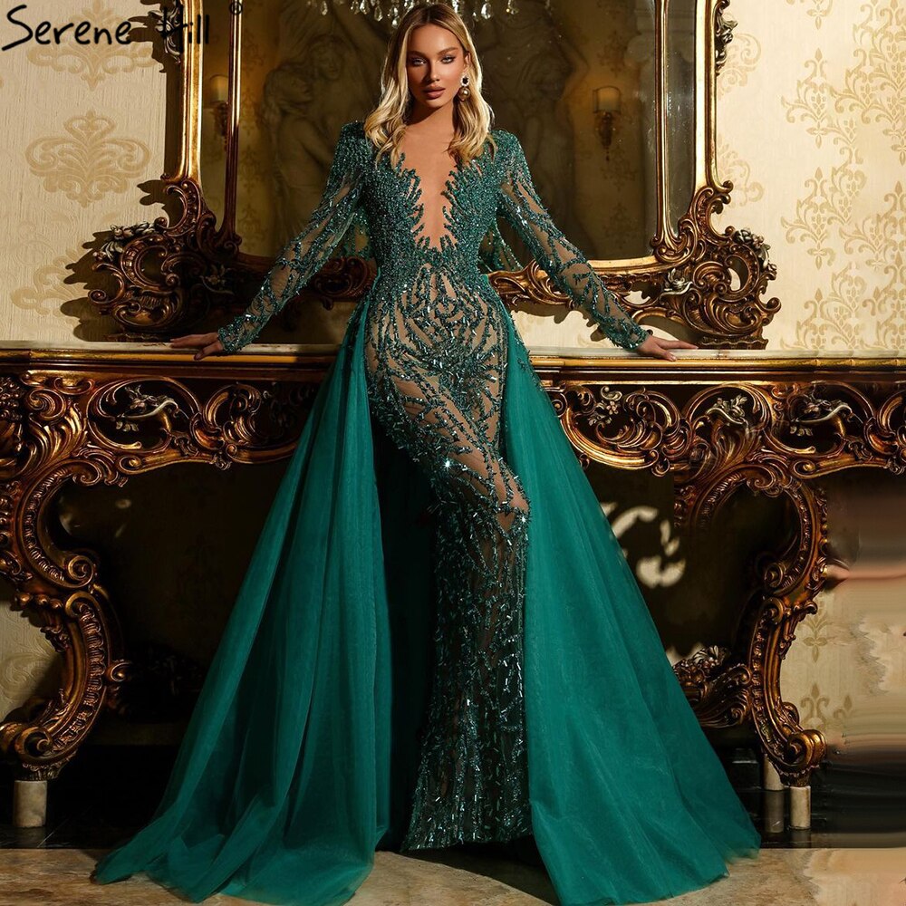 Vestidos de noche musulmanes verdes con cola, vestidos de sirena con cuentas, elegantes y lujosos para mujer, fiesta LA71107 