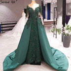 Vestido de noche musulmán verde con cola, de satén, de lujo, de manga larga, para mujer, para fiesta, LA70792 