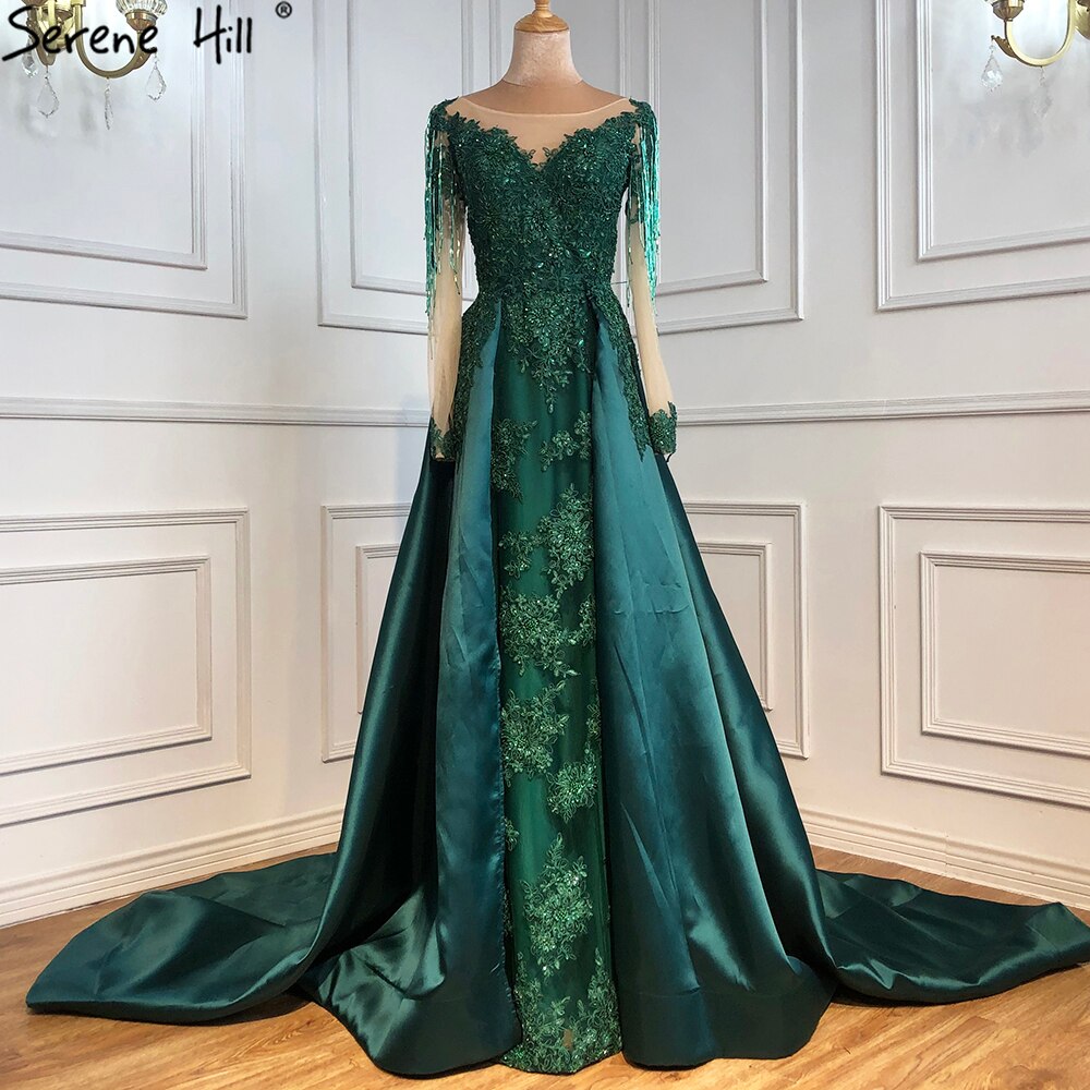 Vestido de noche musulmán verde con cola, de satén, de lujo, de manga larga, para mujer, para fiesta, LA70792 