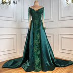 Vestido de noche musulmán verde con cola, de satén, de lujo, de manga larga, para mujer, para fiesta, LA70792 