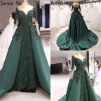 Vestido de noche musulmán verde con cola, de satén, de lujo, de manga larga, para mujer, para fiesta, LA70792 