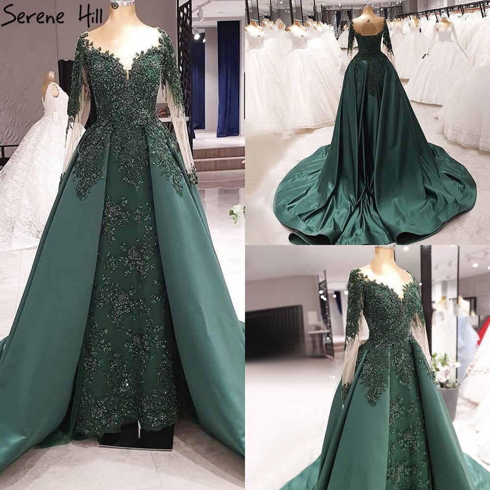 Vestido de noche musulmán verde con cola, de satén, de lujo, de manga larga, para mujer, para fiesta, LA70792 