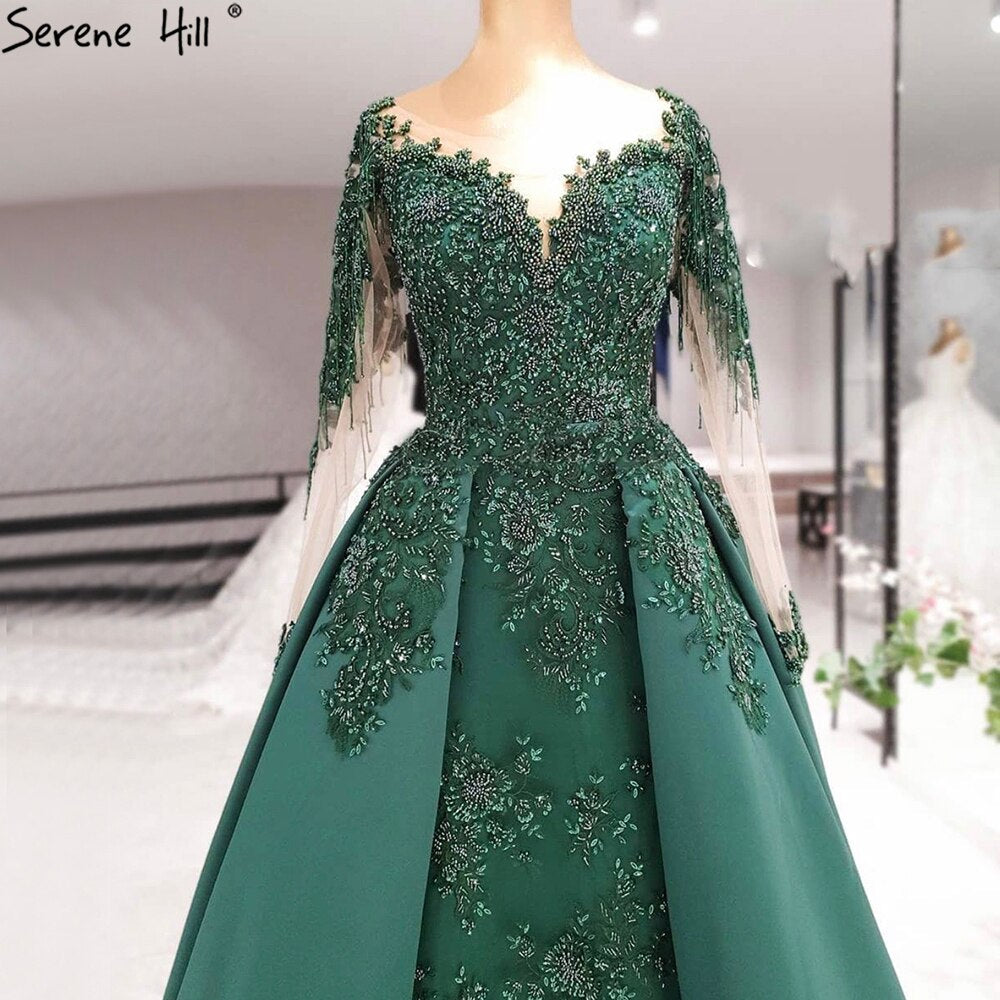 Vestido de noche musulmán verde con cola, de satén, de lujo, de manga larga, para mujer, para fiesta, LA70792 