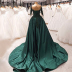 Vestido de noche musulmán verde con cola, de satén, de lujo, de manga larga, para mujer, para fiesta, LA70792 