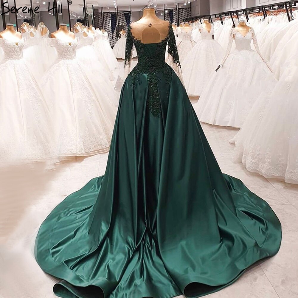 Vestido de noche musulmán verde con cola, de satén, de lujo, de manga larga, para mujer, para fiesta, LA70792 