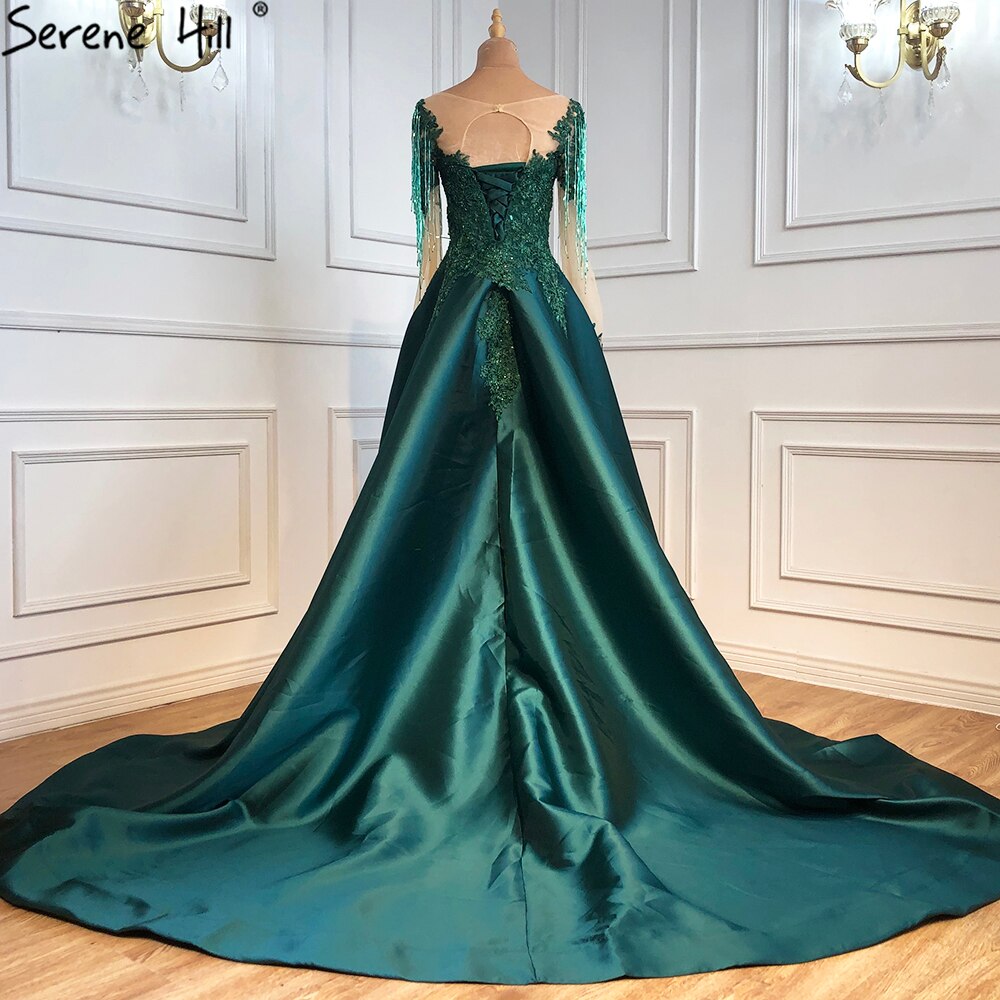 Vestido de noche musulmán verde con cola, de satén, de lujo, de manga larga, para mujer, para fiesta, LA70792 