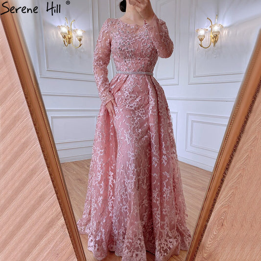 Muslim Grey A-Line Evening Dresses Gowns 2025 Lace Beaded Luxury For Woman Wedding Party LA71211