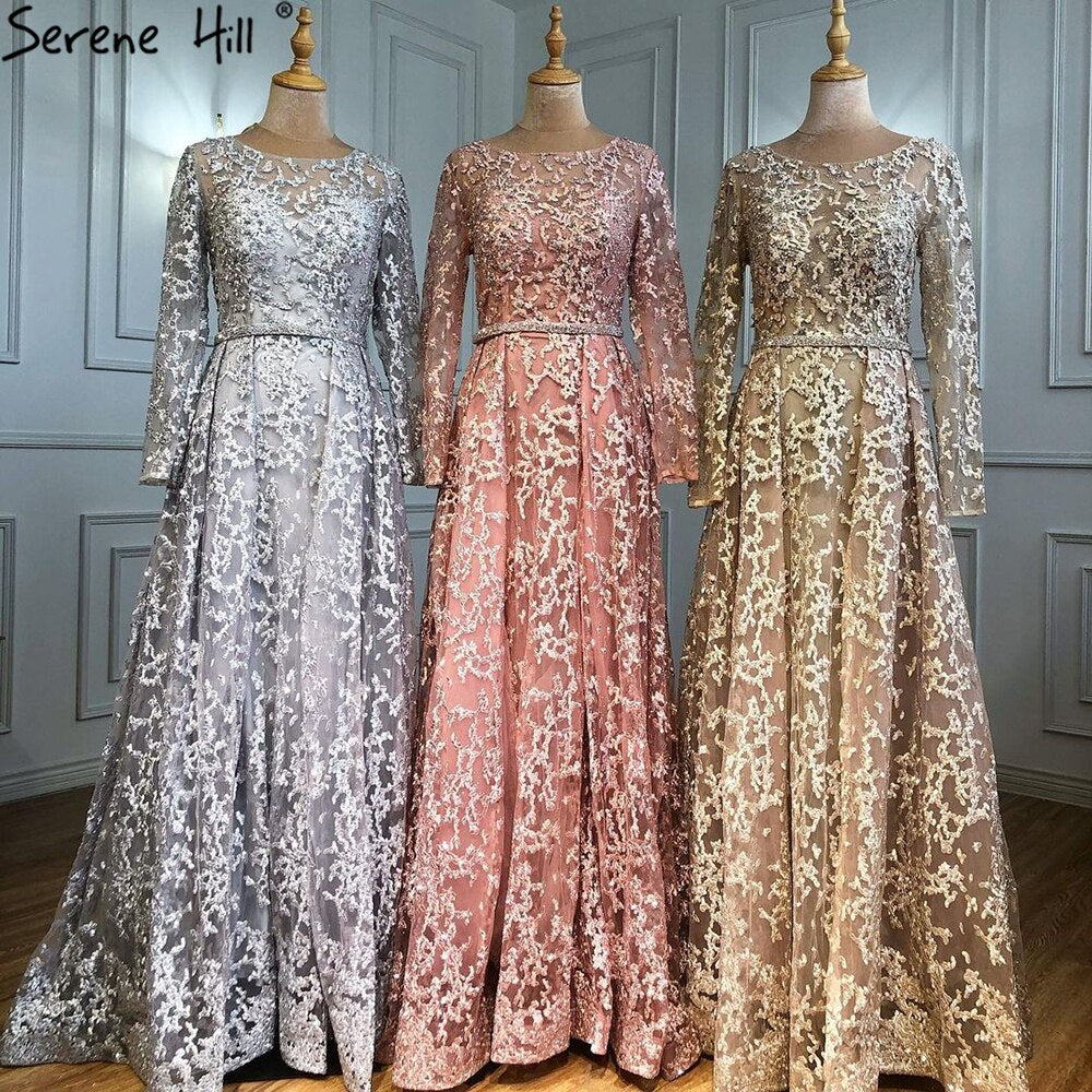 Vestidos de noche musulmanes grises de corte A, 2025, con encaje y cuentas, de lujo, para mujer, para fiesta de bodas LA71211 