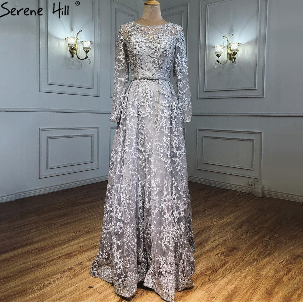 Vestidos de noche musulmanes grises de corte A, 2025, con encaje y cuentas, de lujo, para mujer, para fiesta de bodas LA71211 