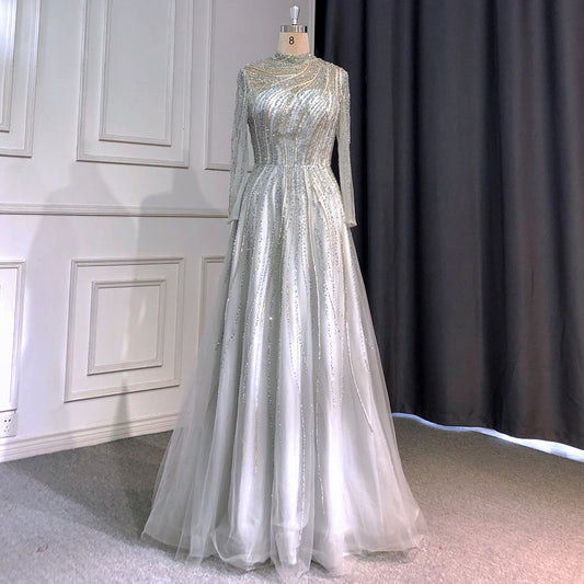 Muslim Grey A-Line Evening Dresses High Neck Long Arm  Gowns 2025 Luxury Beaded For Women Party LA71692