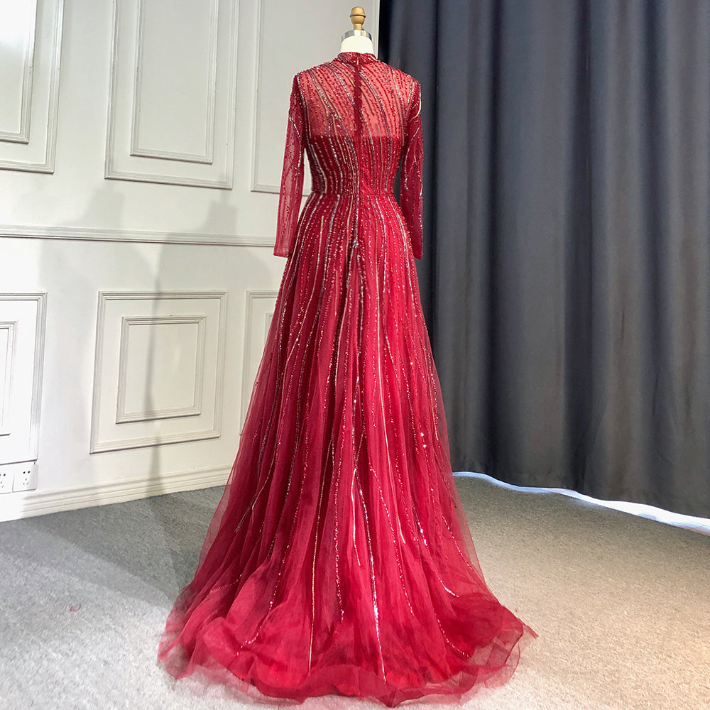 Muslimischen Grau A-linie Abendkleider High Neck Langarm Kleider 2025 Luxus Perlen Für Frauen Party LA71692 