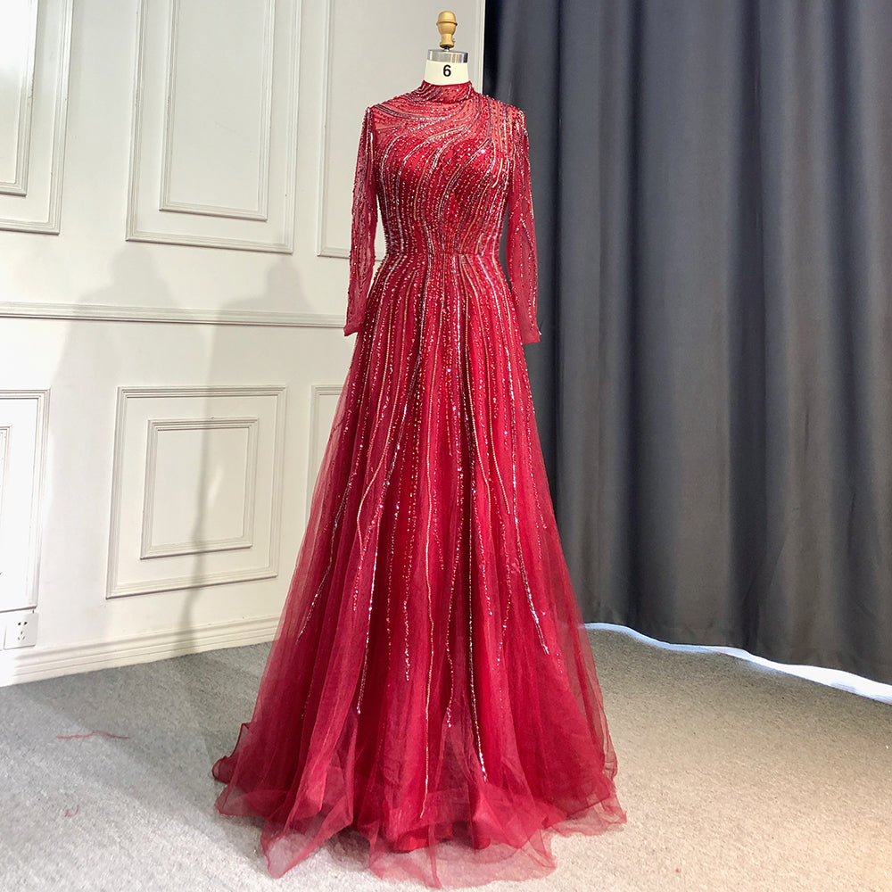 Muslimischen Grau A-linie Abendkleider High Neck Langarm Kleider 2025 Luxus Perlen Für Frauen Party LA71692 