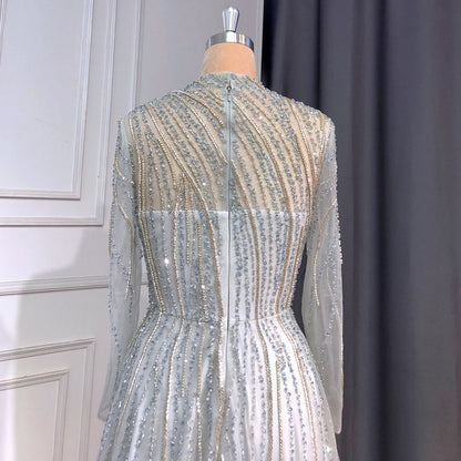 Muslim Grey A-Line Evening Dresses High Neck Long Arm  Gowns 2025 Luxury Beaded For Women Party LA71692